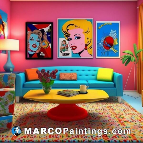A colorful living room with retro sofa with posters hanging