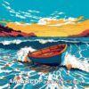 A colorful painted illustration of an old boat at the end of a rocky beach