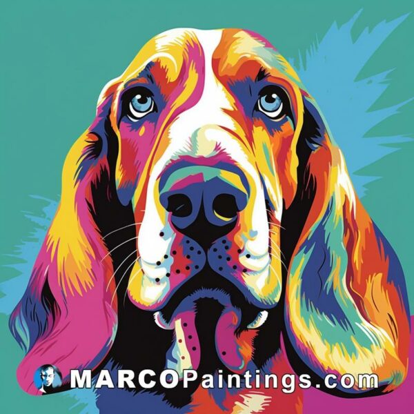 A colorful painting of a basset hound