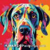 A colorful painting of a big dog with colorful paint splashes