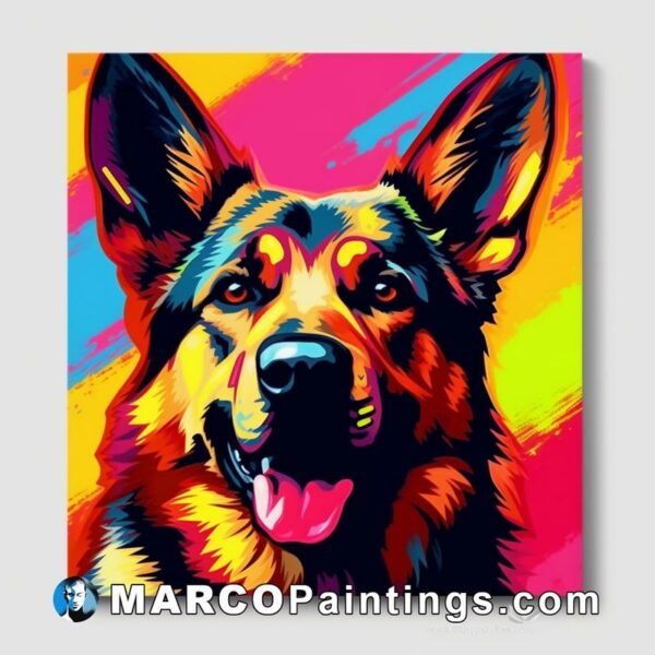 A colorful painting of a german shepherd dog