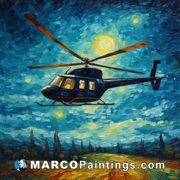 A colorful painting of a helicopter flying over the starry night sky