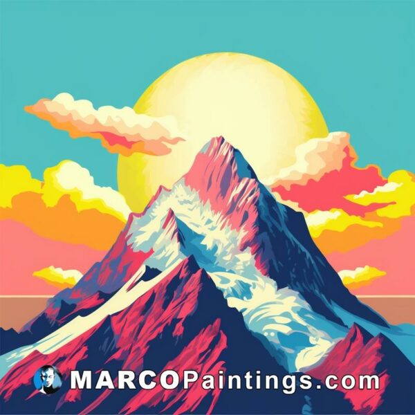 A colorful painting of a mountain and a sunset