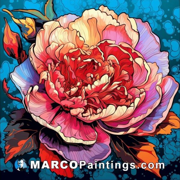 A colorful painting of a peony flower on blue background
