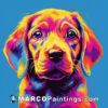 A colorful painting of a puppy with a colorful head