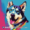 A colorful painting of a white and blue husky dog