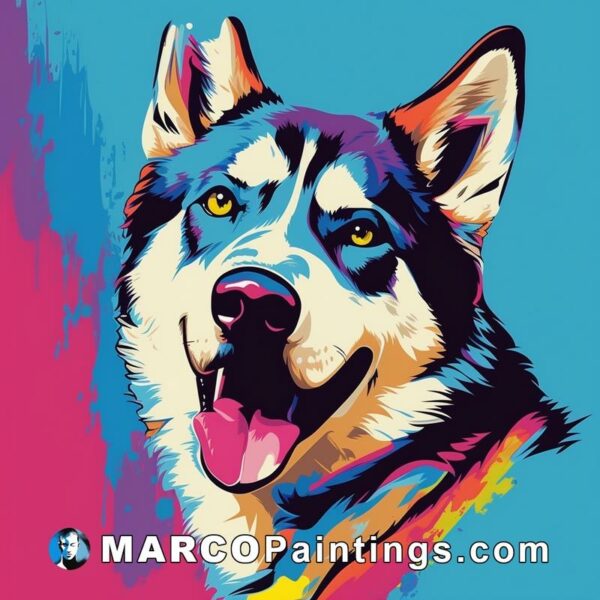 A colorful painting of a white and blue husky dog