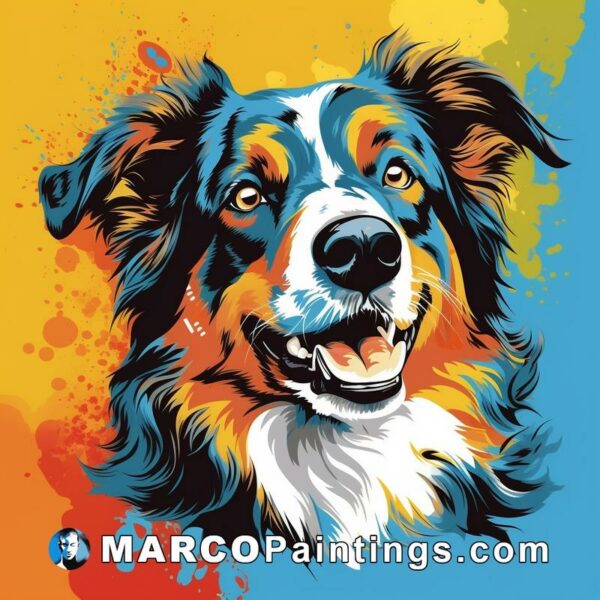 A colorful painting of an australian shepherd sitting on a colorful background