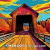 A colorful painting of an old covered bridge
