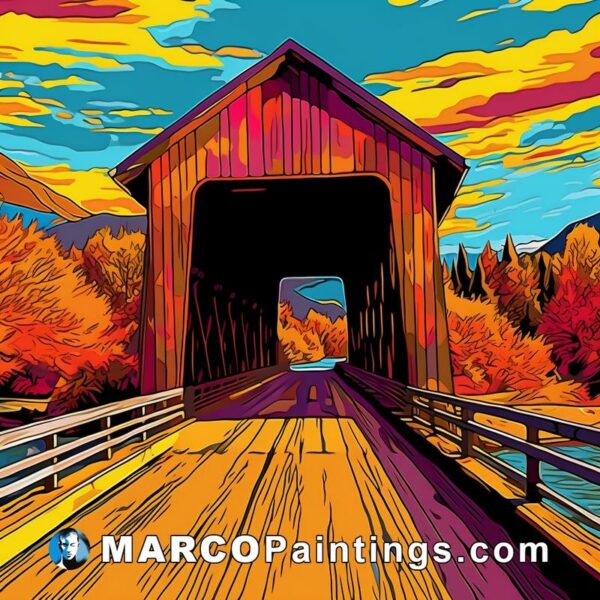 A colorful painting of an old covered bridge