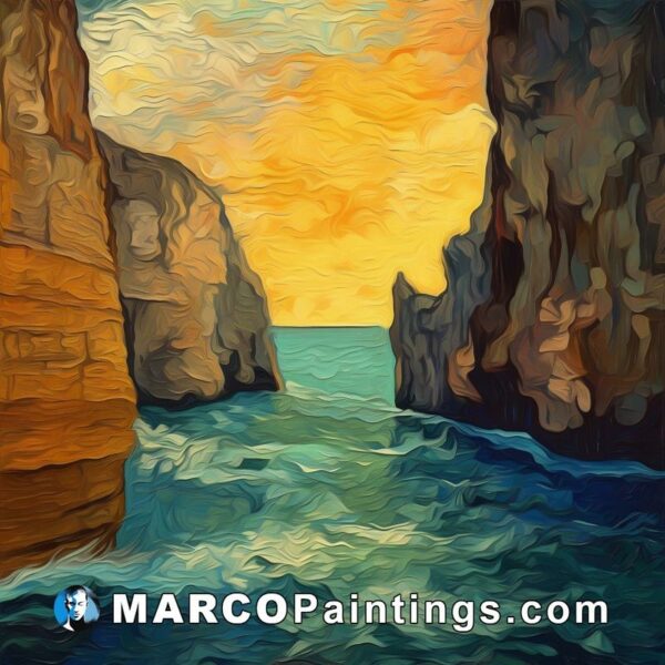 A colorful painting of cliffs at sunset