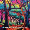 A colorful painting of some trees in the forest
