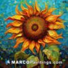 A colorful painting of sunflower with a blue background