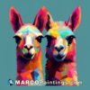 A colorful painting of two llamas