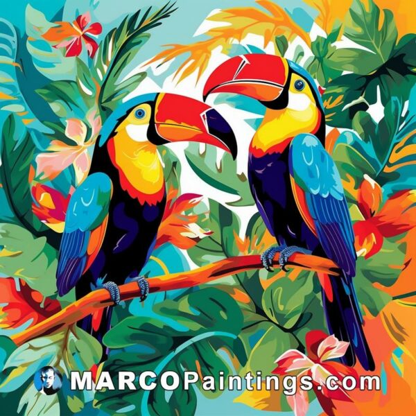 A colorful painting of two toucans