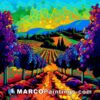 A colorful painting showing a path through vineyards