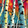 A colorful painting with birch trees in the background