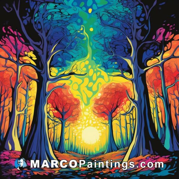 A colorful painting with trees and sun on the ground