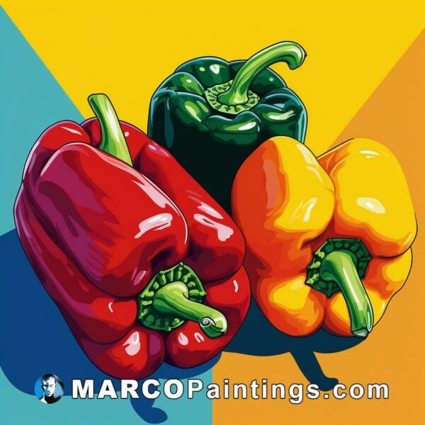 A colorful painting with two bell peppers on a colorful red background