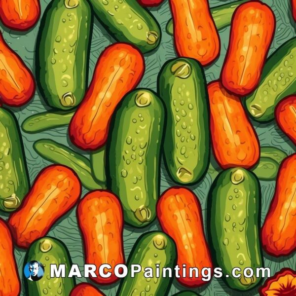 A colorful pattern of cucumbers on a gray background