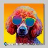 A colorful piece of art with a poodle wearing sunglasses