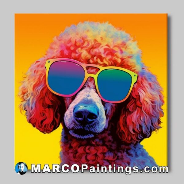 A colorful piece of art with a poodle wearing sunglasses