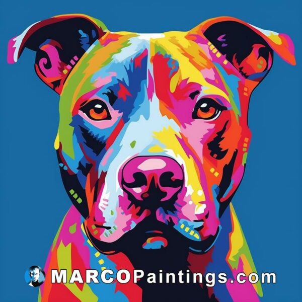 A colorful pit bull dog painting on a blue background