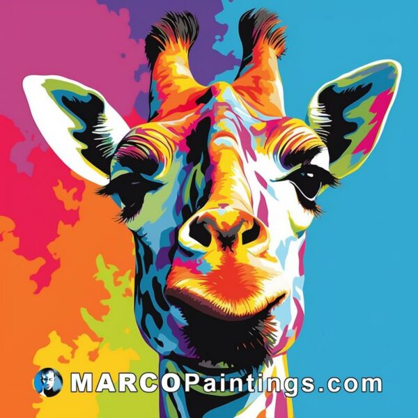 A colorful portrait of a giraffe painted on a bright background