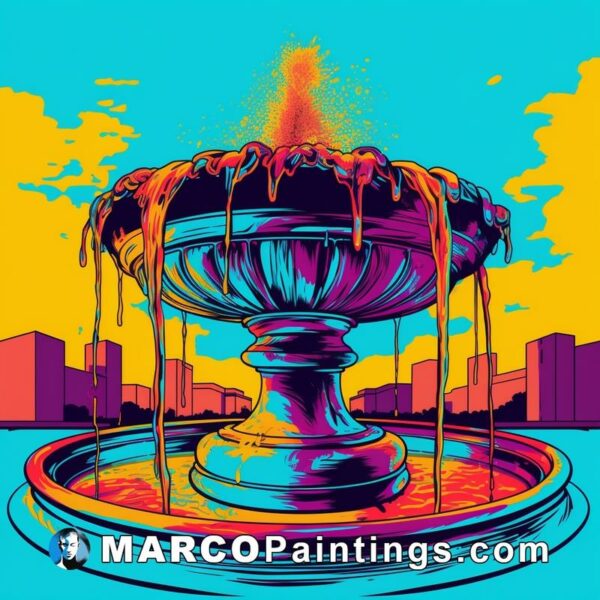 A colorful poster featuring a fountain