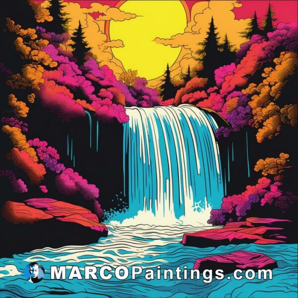 A colorful poster with a waterfall in it and colorful trees