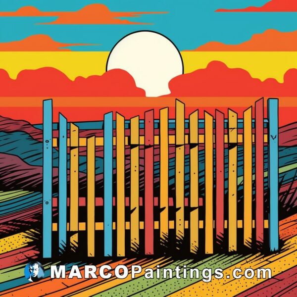 A colorful poster with a wooden fence on sun and sunset with colorful background