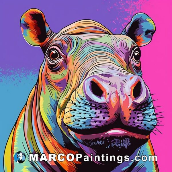 A colorful print of a hippo with a face on it