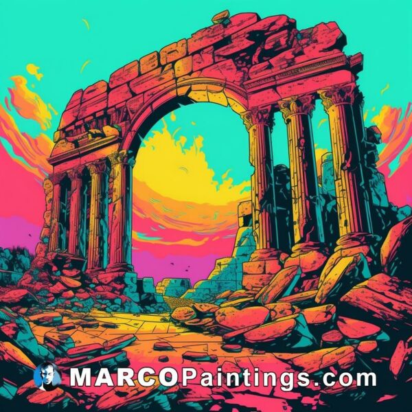 A colorful print of ancient ruins and a sunny sky