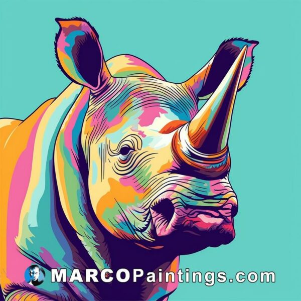 A colorful rhino is painted on to a blue background