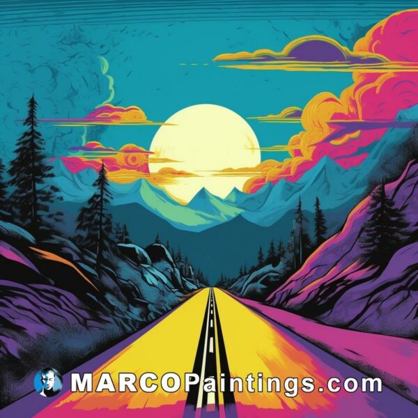 A colorful road going into mountains and sunset