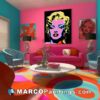A colorful room with a marilyn monroe print in the living room