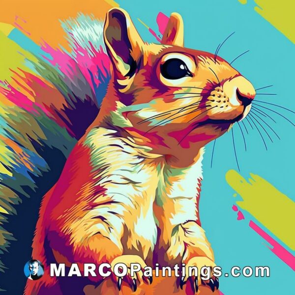 A colorful squirrel painting with splashes of color