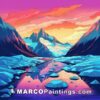A colorful sunset illustration of a mountain full of icebergs in the middle of the river ice sculpture background