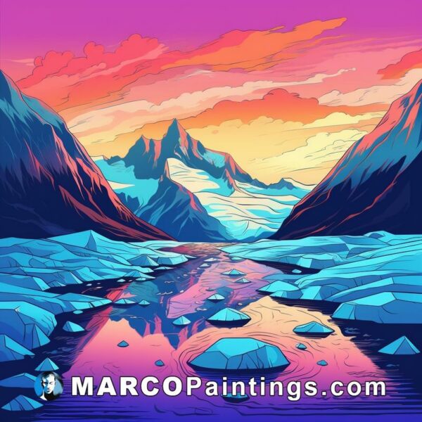 A colorful sunset illustration of a mountain full of icebergs in the middle of the river ice sculpture background