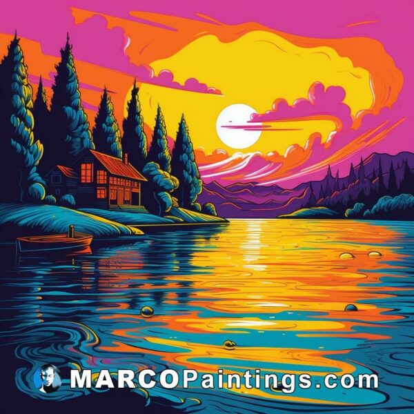 A colorful sunset illustration on the water with a house