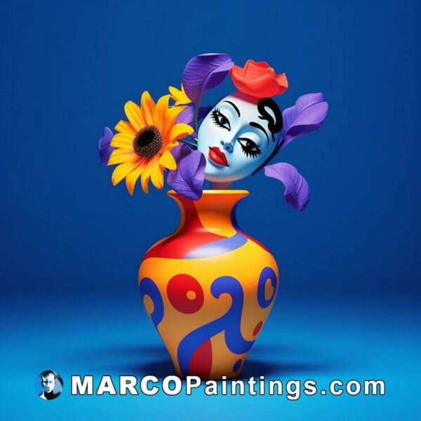 A colorful vase in the shape of a flower woman