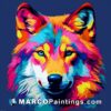 A colorful wolf painting on the blue background