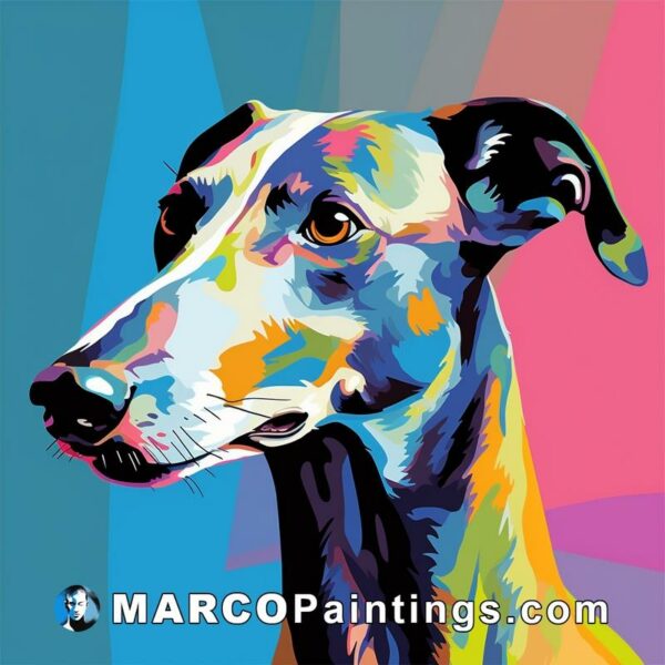 A colorfully painted portrait of a greyhound