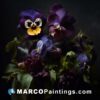 A composition featuring violet and purple pansies in a black background
