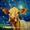 A cow in an oil painting sitting by a starry night