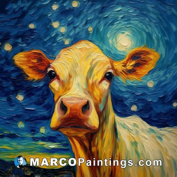 A cow in an oil painting sitting by a starry night
