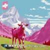 A cow in the mountains in pastel pink wearing a banner