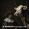 A cow with a man in a costume