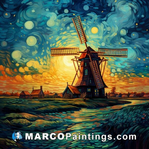 A dark painting of a windmill with stars in the sky