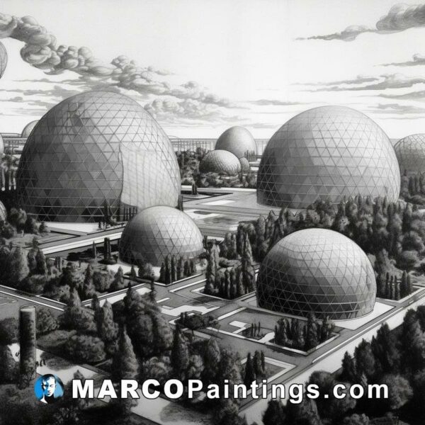 A detailed black and white drawing of an open city with many domes